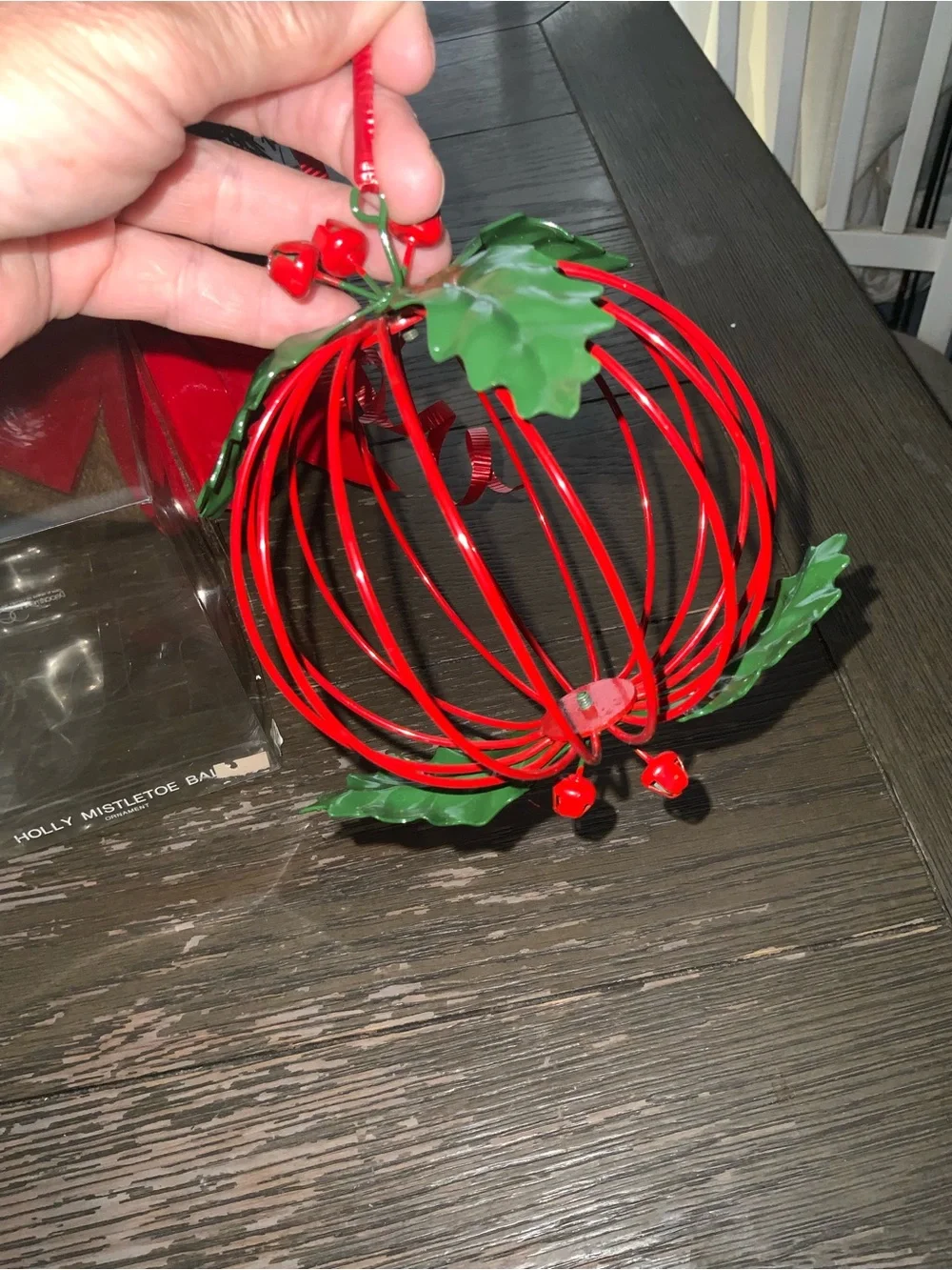 Festive Red Metal Mistletoe Ball Ornament - 7”